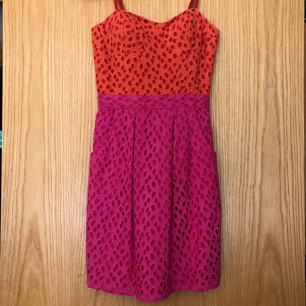 pink and orange eyelet dress